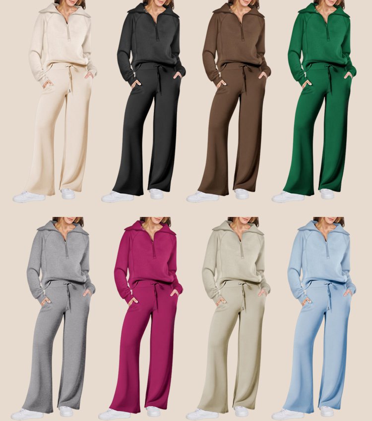 Casual Zipper Long Sleeve Sweatshirt Wide Leg Pants Two Piece Set