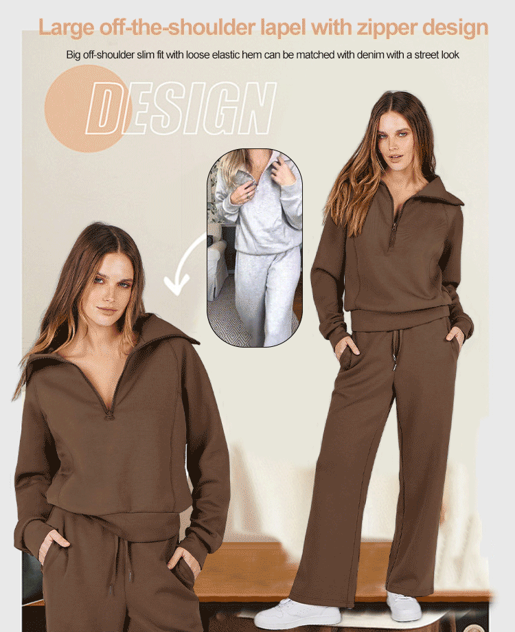 Casual Zipper Long Sleeve Hoodie and Wide Leg Pants Two-Piece Set
