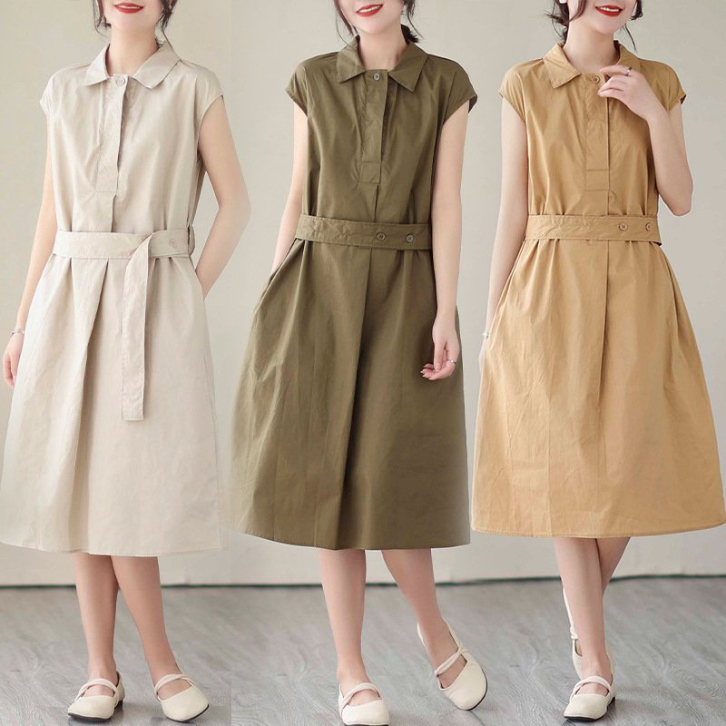 허리 조임 순면 원피스