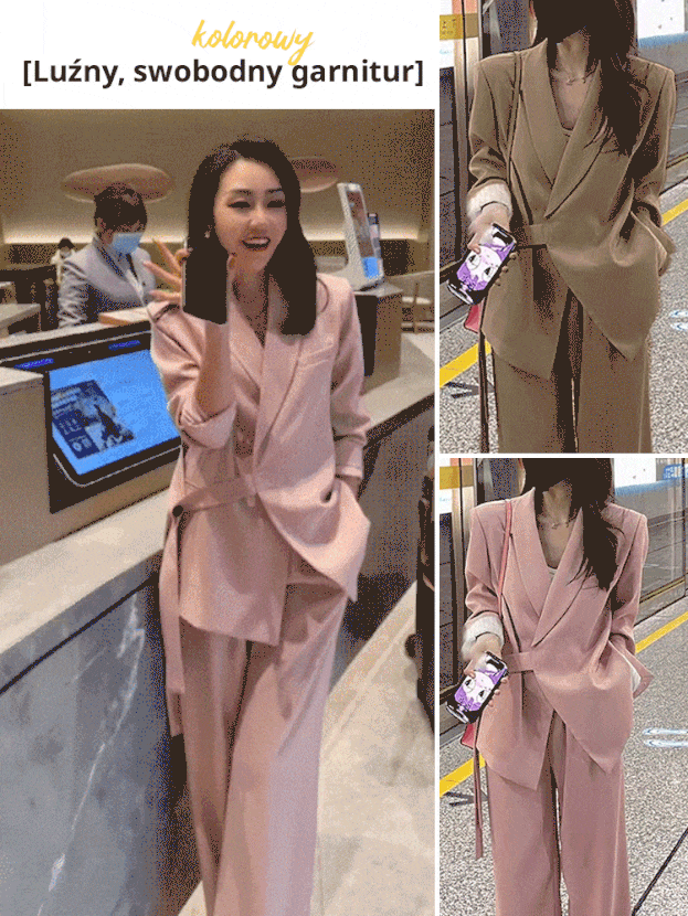 Zaprojektowany sznurowany garnitur w połączeniu ze spodniami z szerokimi nogawkami