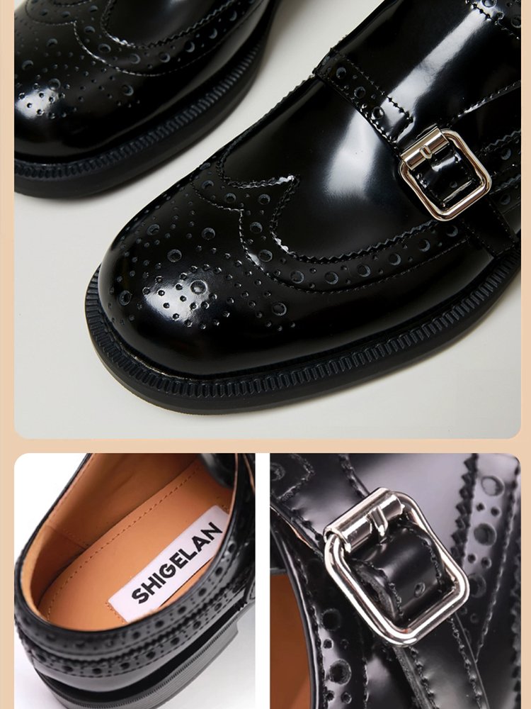 حذاء إيطالي من جلد البقر بكعب عريض ومشبك مزدوج