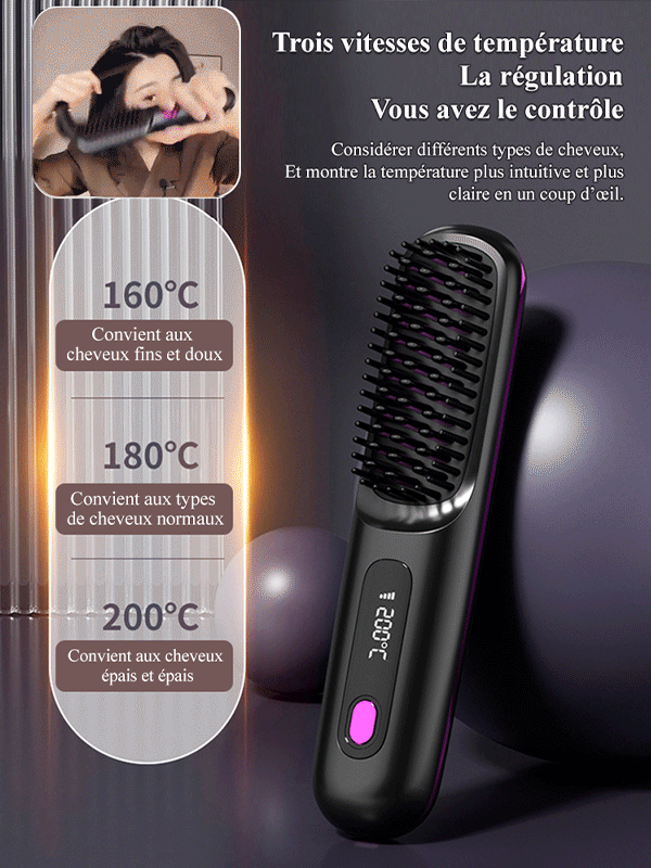LCD sans fil céramique chauffée peigne pour cheveux plats