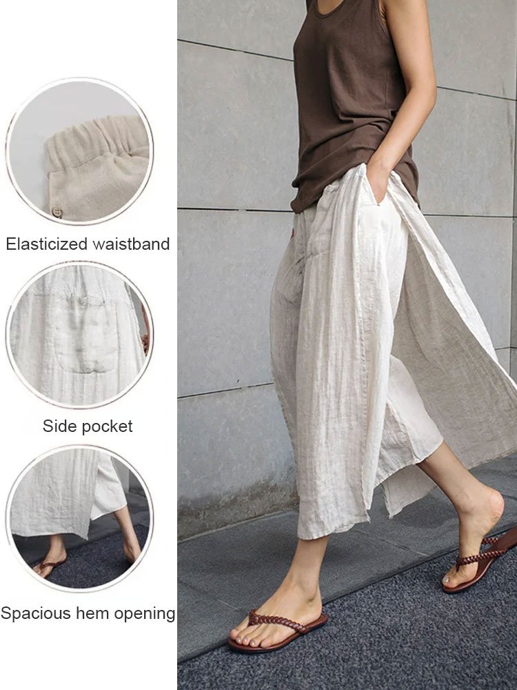 Two-piece loose cotton linen pants skirt