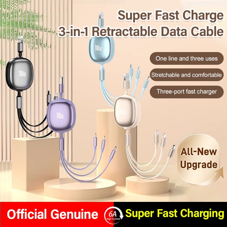 100w fast charging retractable one tow three data cable