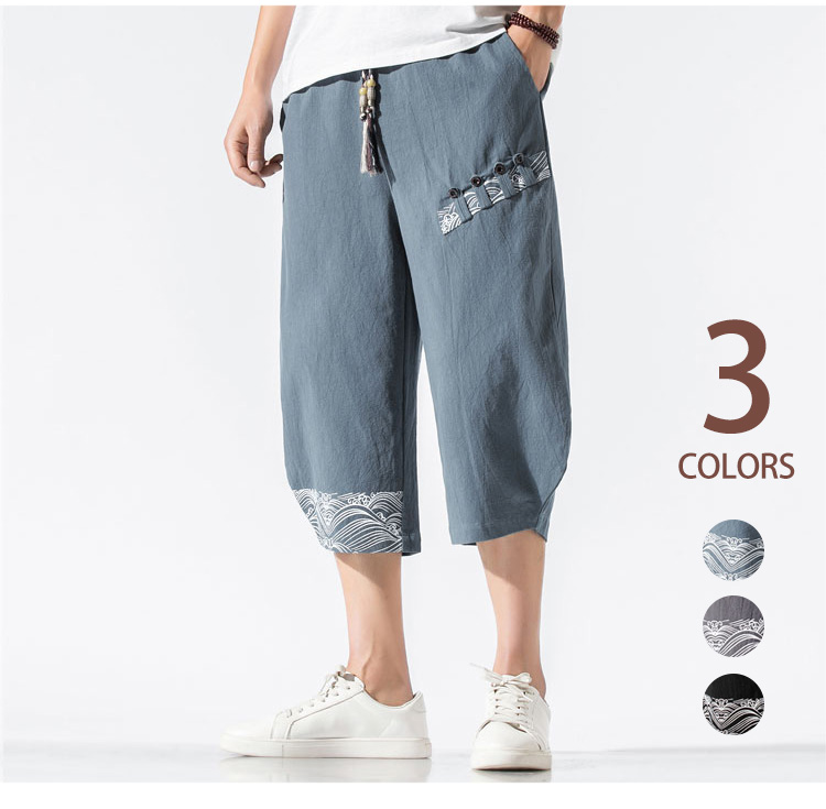 メンズワイドパンツのリネンコットン生地アップ