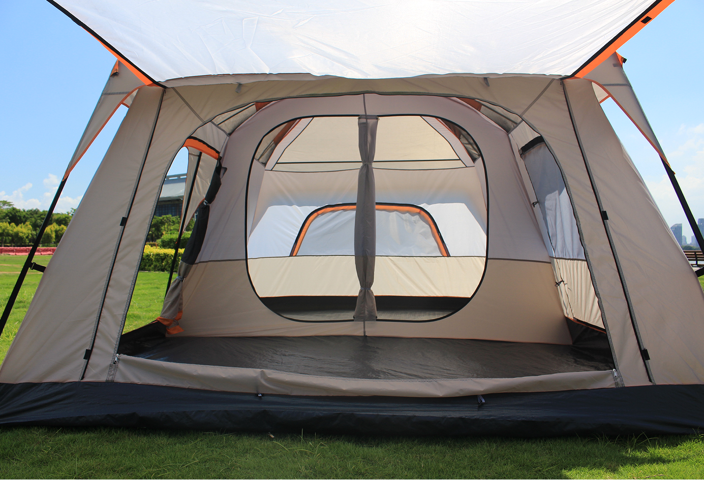 Spacious family camping tent designed for 5-12 people in nature