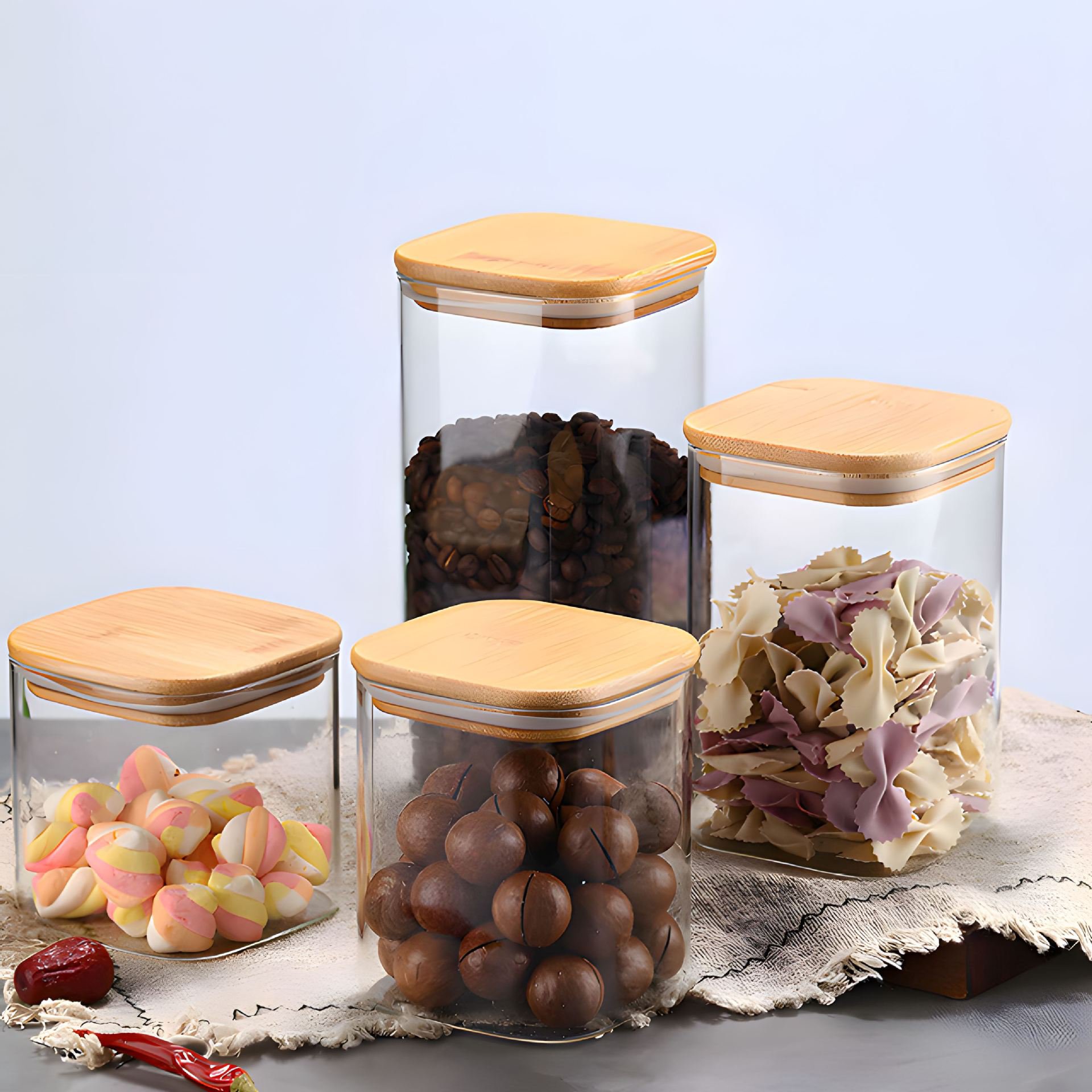 1150ML 유리 팬트리 보관 용기 사각형 나무 뚜껑 로고