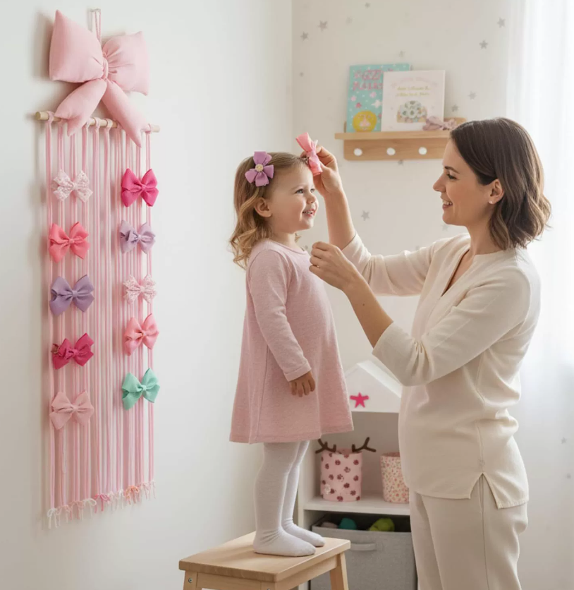 Organizador colgante para pinzas de pelo con diseño de lazo rosa