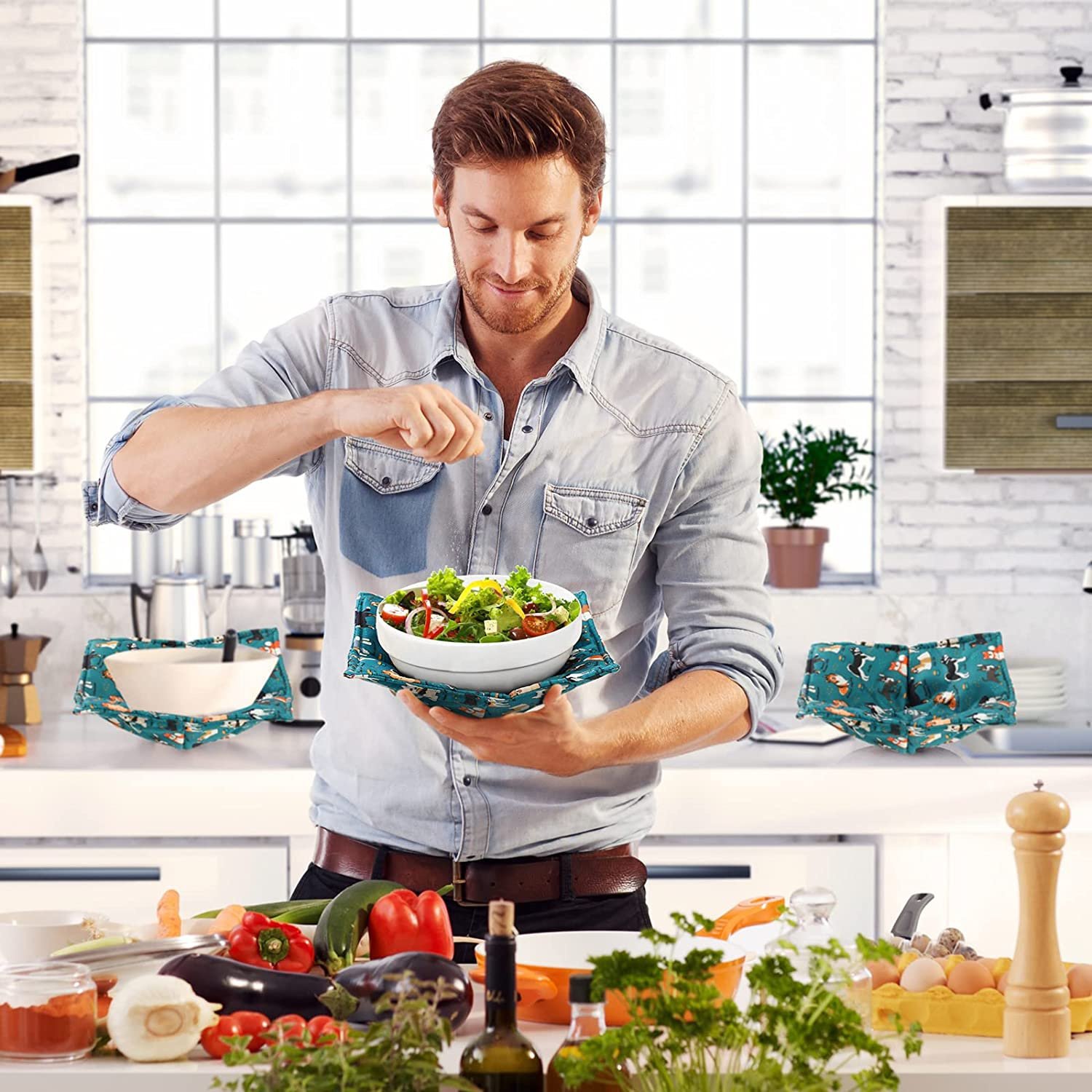 100% POLYESTER Cotton  Microwave Safe Pot Food Quilted Cozy for Soup Bowl Huggers Holders Hot Pads R