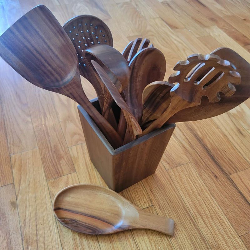 Wooden Spoons for Cooking, Acacia Wood Cooking Utensils Set 11 Piece Wooden Kitchen Tools with Holde