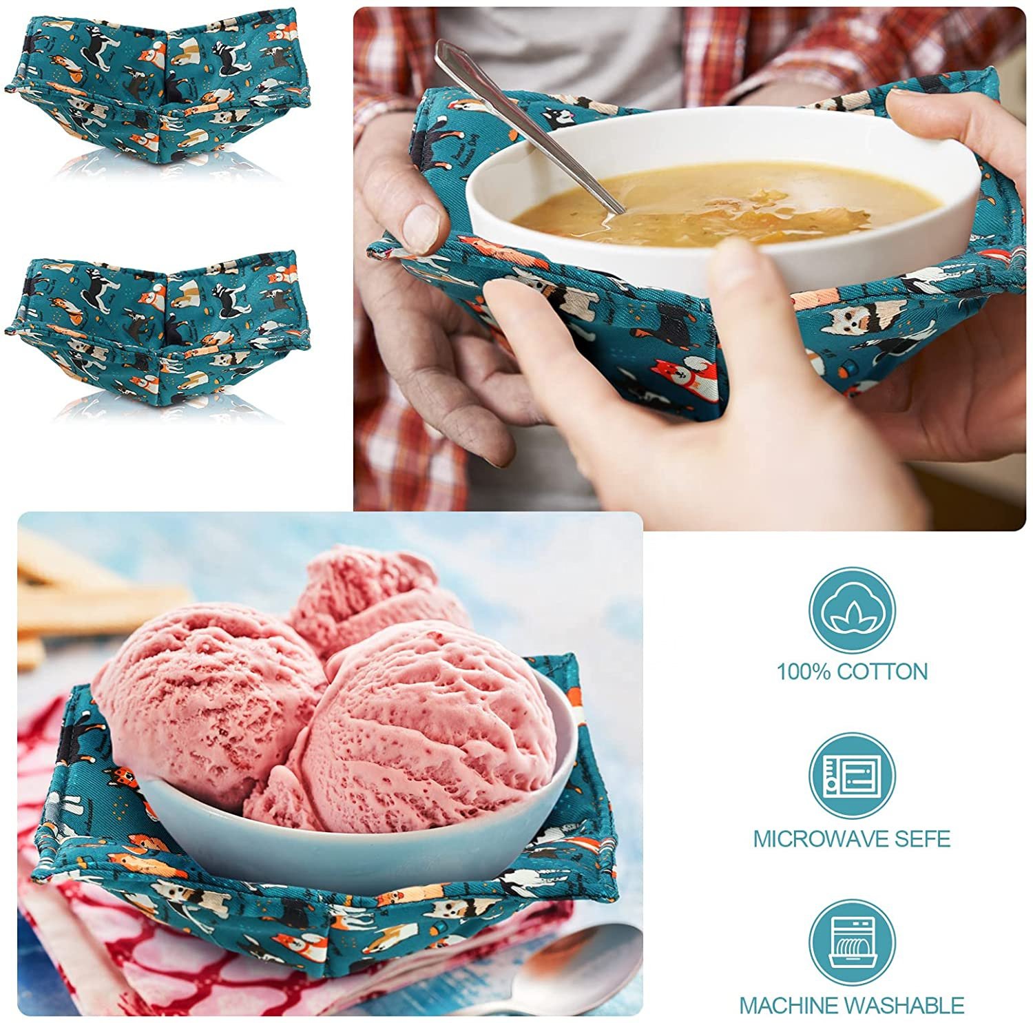100% POLYESTER Cotton  Microwave Safe Pot Food Quilted Cozy for Soup Bowl Huggers Holders Hot Pads R