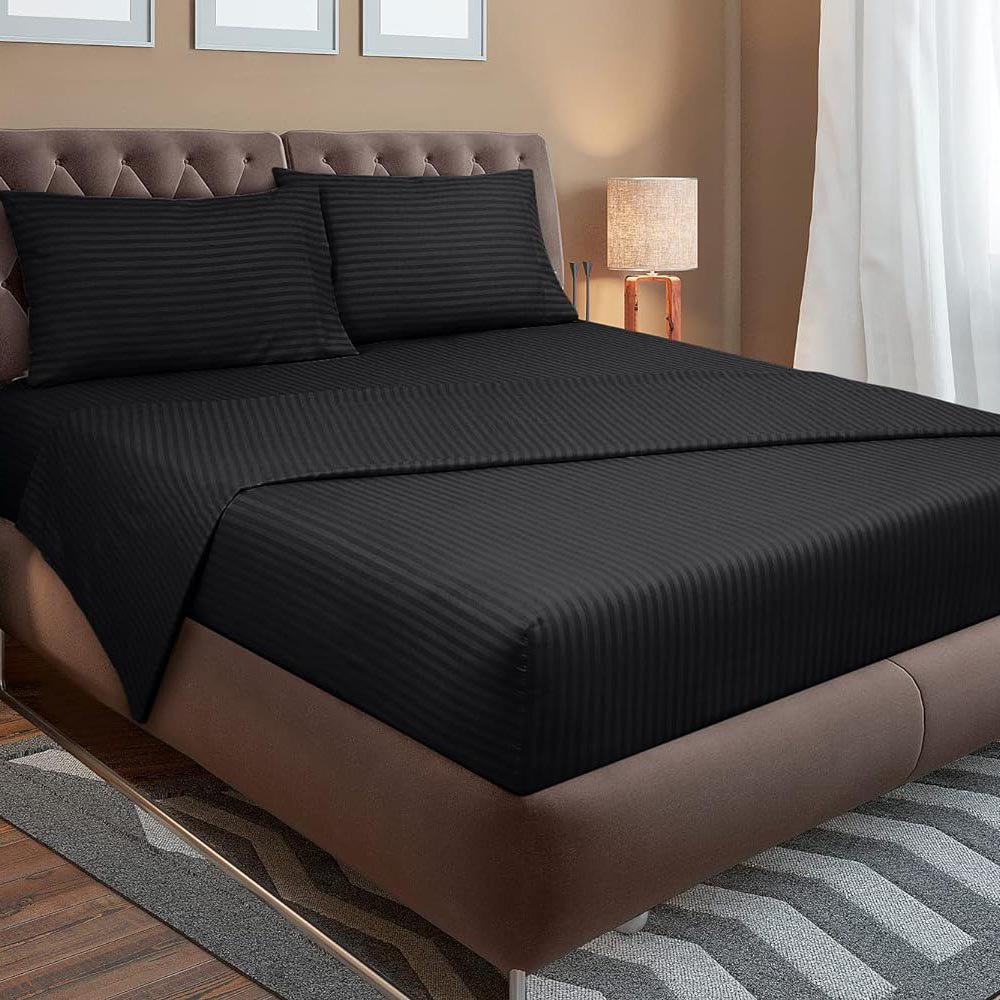 Wholesale 1800TC Luxury Bed Sheet Set White Hotel Linen 1cm Satin Stripe Bulk Bed Flat Sheets for St