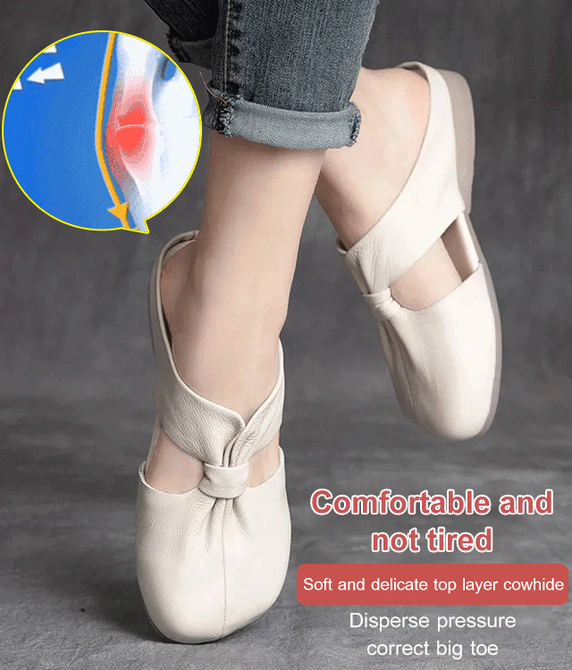 Soft leather soft sole square-toe bow-knot slippers