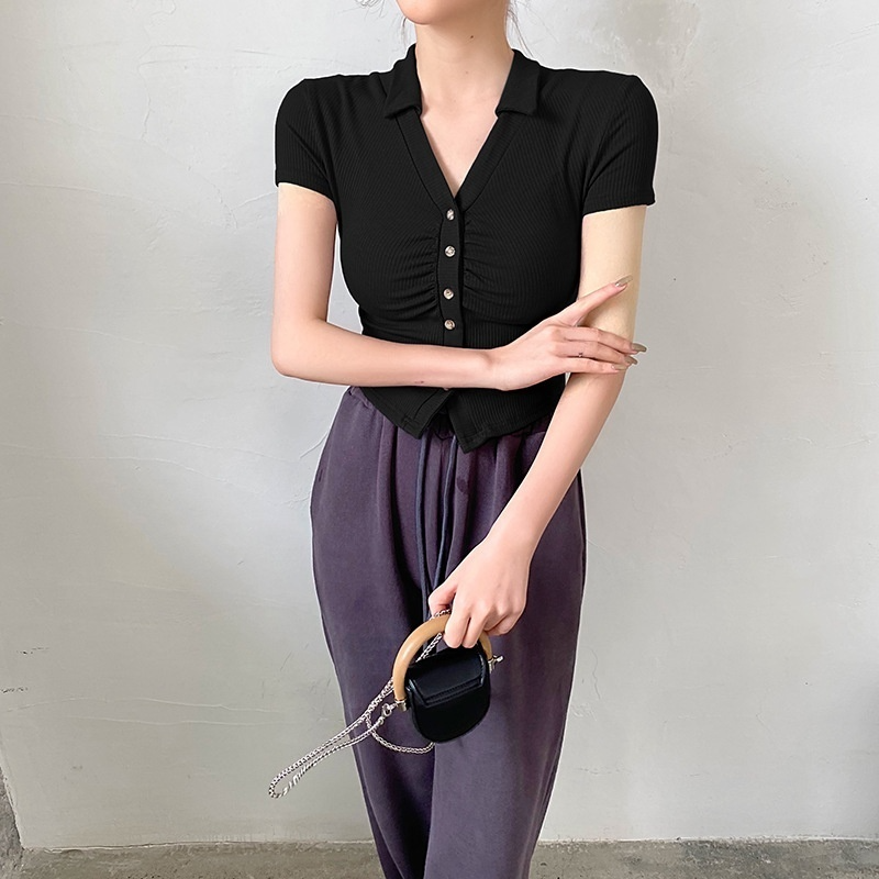 여성 여름 코튼 V넥 크롭 탑