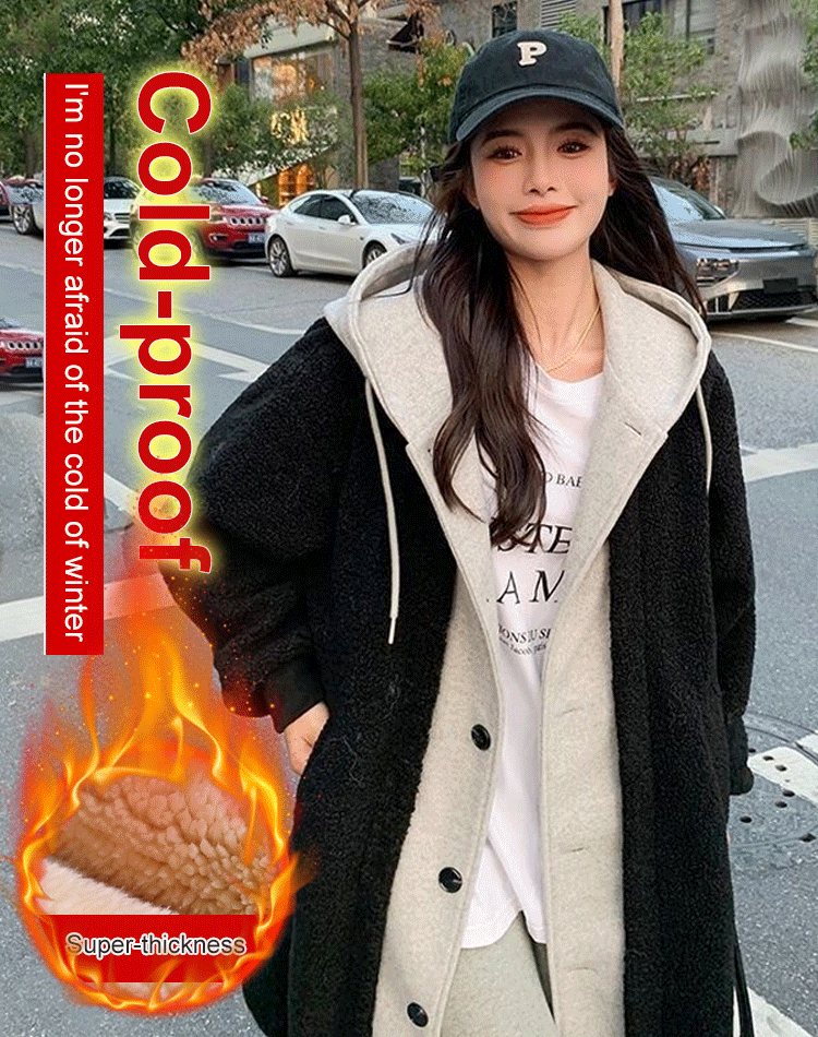 Fake Two Piece Lamb Flannel Hooded Jacket