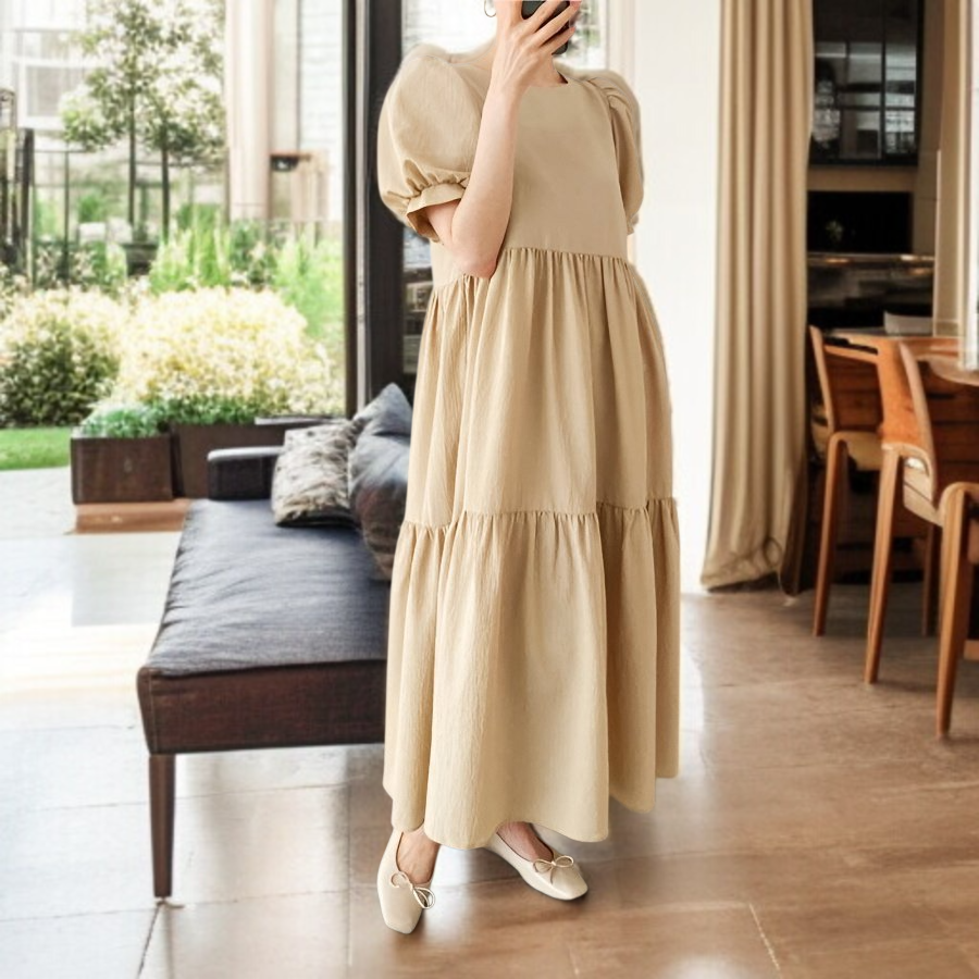 박시 롱 원피스 퍼프 소매 전체핏