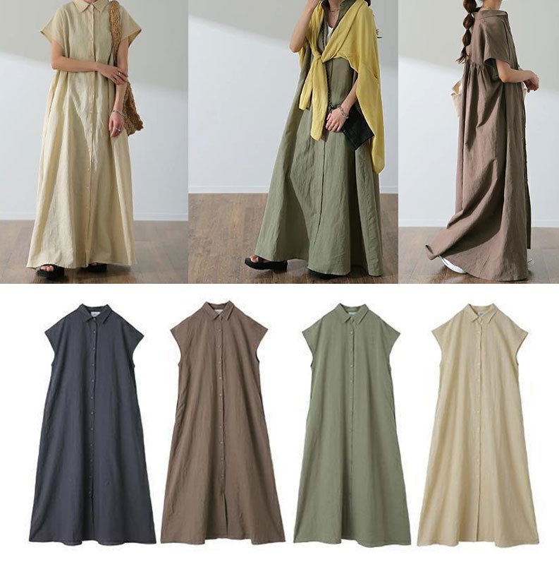 여름 풀오버 반팔면과 린넨 여성의 느슨한 옷깃 패션 캐주얼 셔츠 드레스