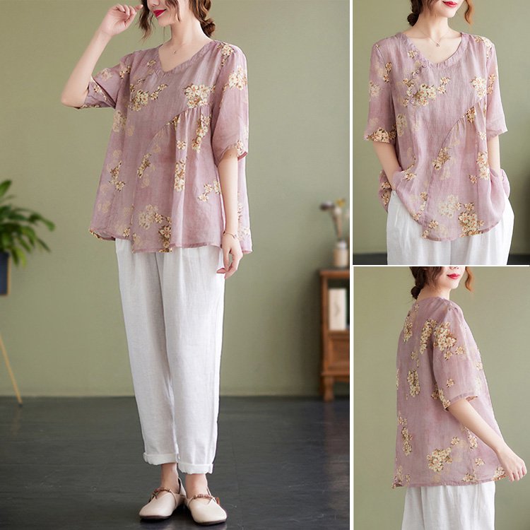 綿麻・捺染Vネックブラウス