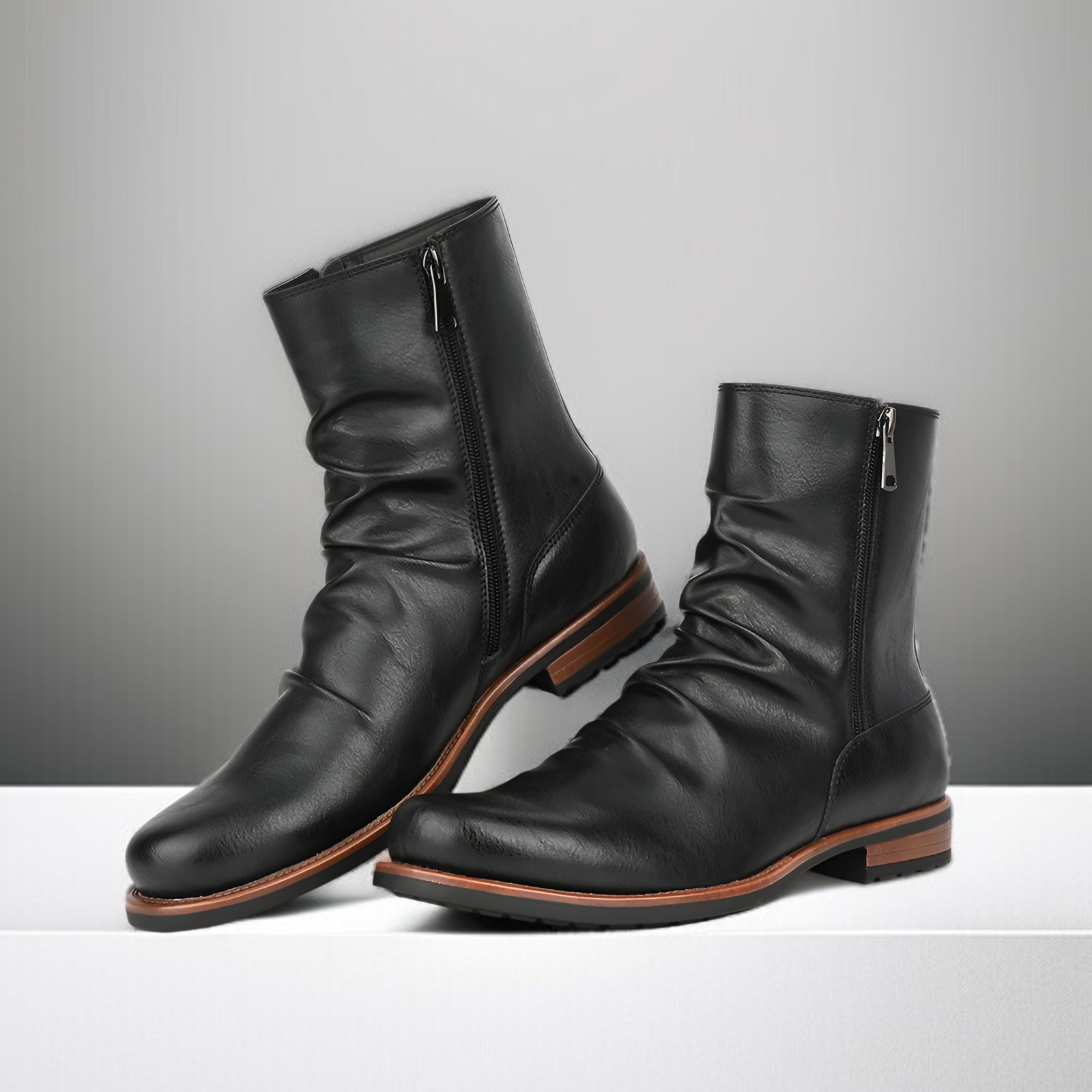 大きなプリーツ短筒ブーツ 両側ジッパー 無地カジュアル万能メンズブーツ