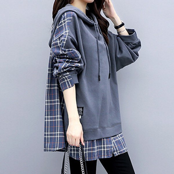 ファッション人気新作フード付きチェック柄切り替えスウェット