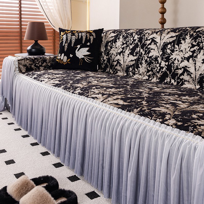 ผ้าคลุมโซฟากันลื่นผ้าชีนนีลพร้อมชายกระโปรง