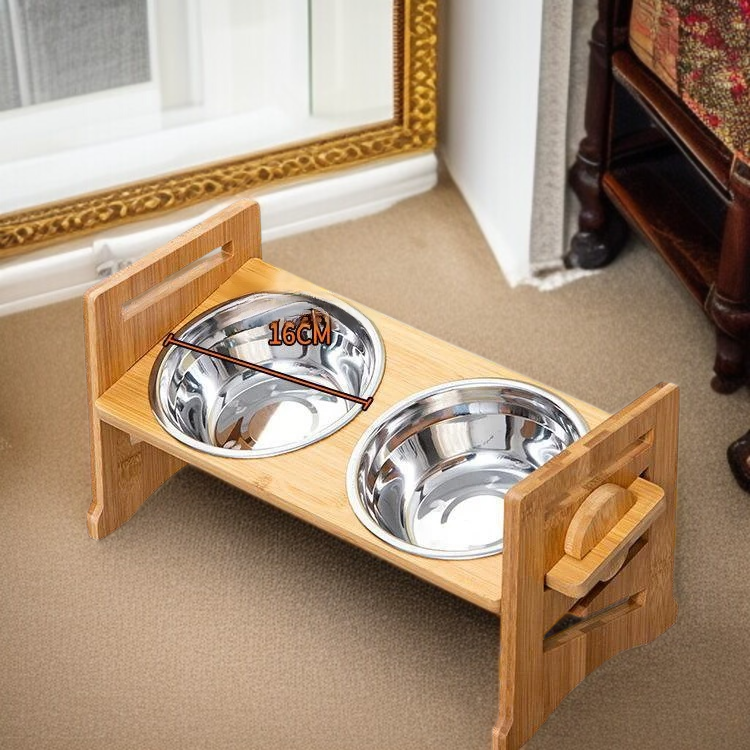 스텐 대나무 애견용 더블 그릇 식탁