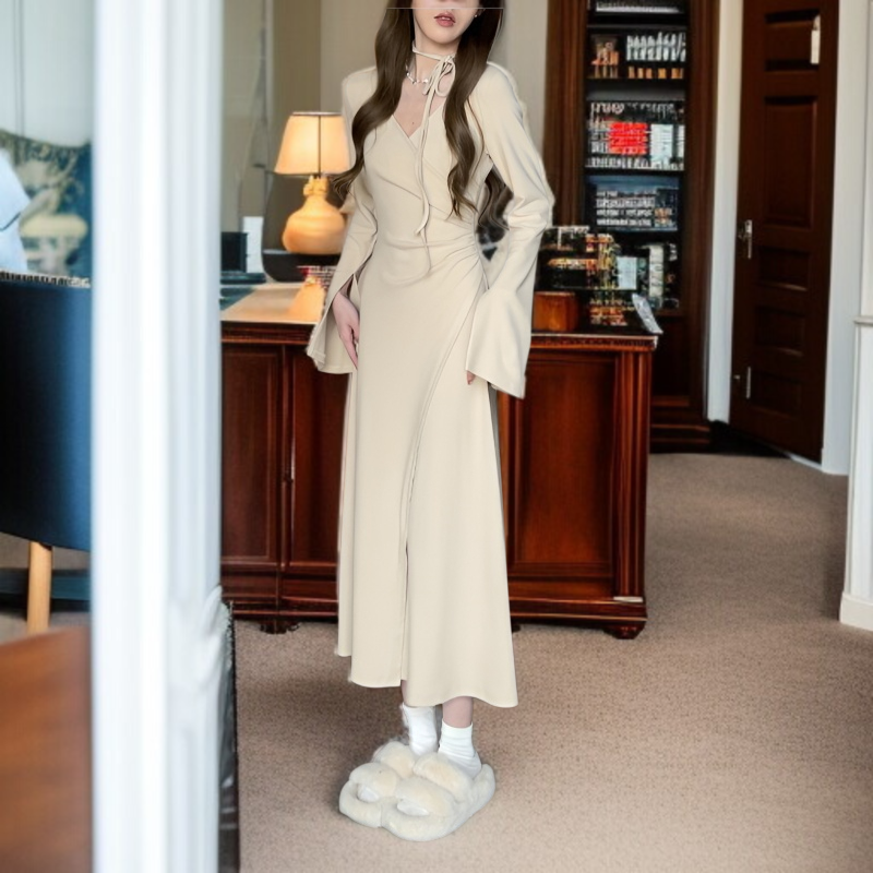 여성원피스 밴딩 허리 여리여리 긴팔원피스 부드러운 순욕풍 셔링 언밸런스 스커트 롱 언밸런스 원피스