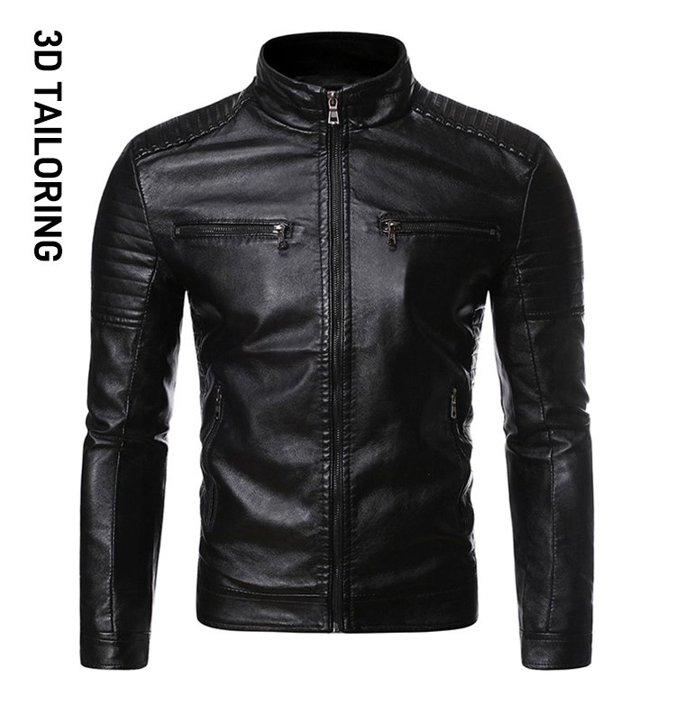 Stand-up collar men's biker leather jacket