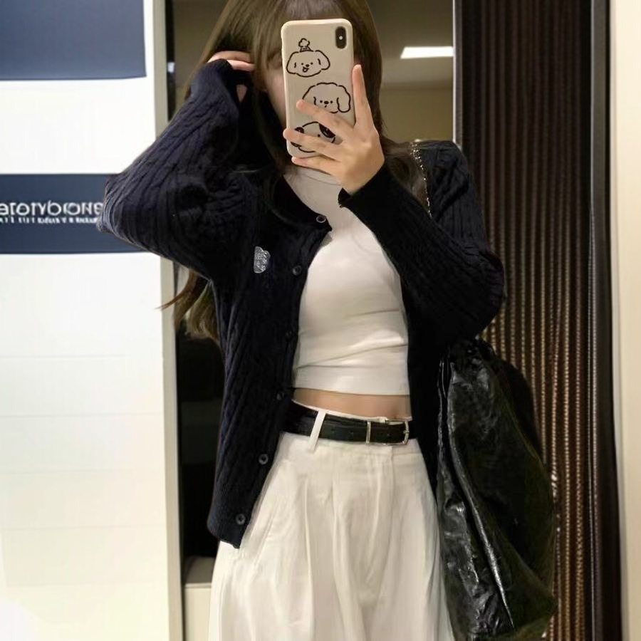 춘추 하이웨스트 와이드 팬츠 착용 여성 모델