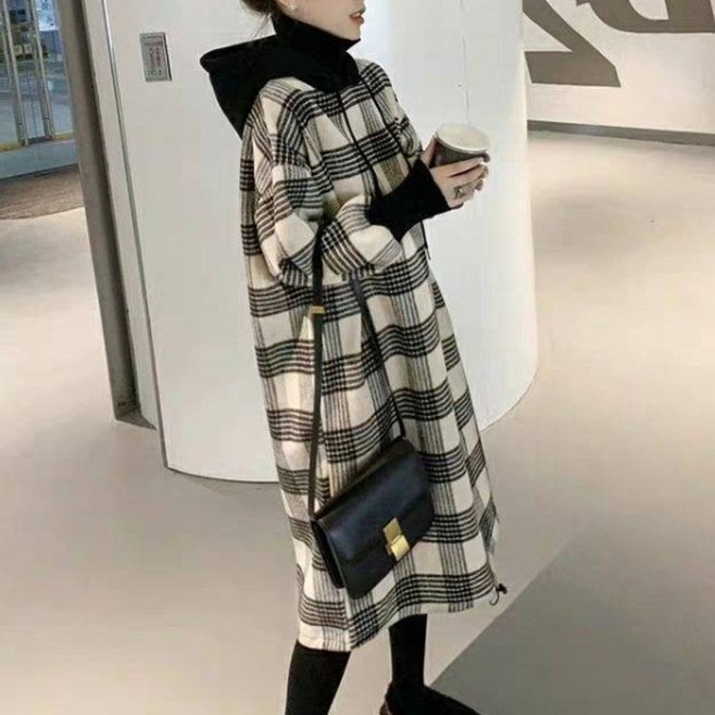 ファッションフード付きチェック柄着瘦せカジュアルワンピース