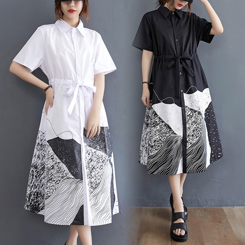 ボウタイウエストマーク落書きポケット付きワンピース