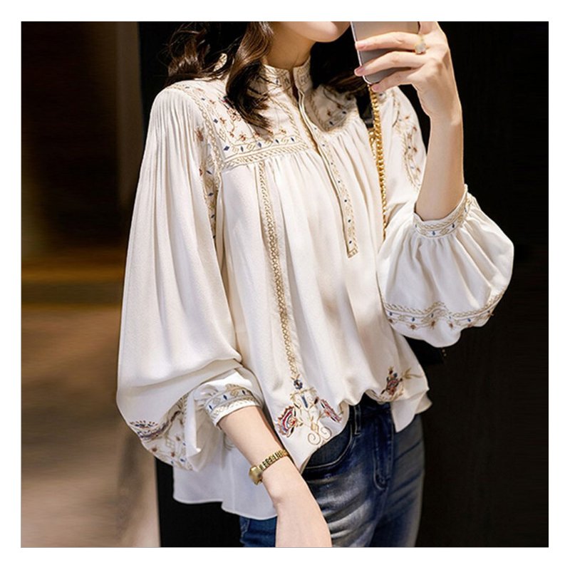 스탠드 칼라 프린트 빈티지 셔츠