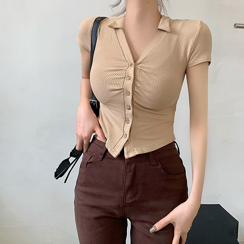 여성 여름 코튼 V넥 크롭 탑