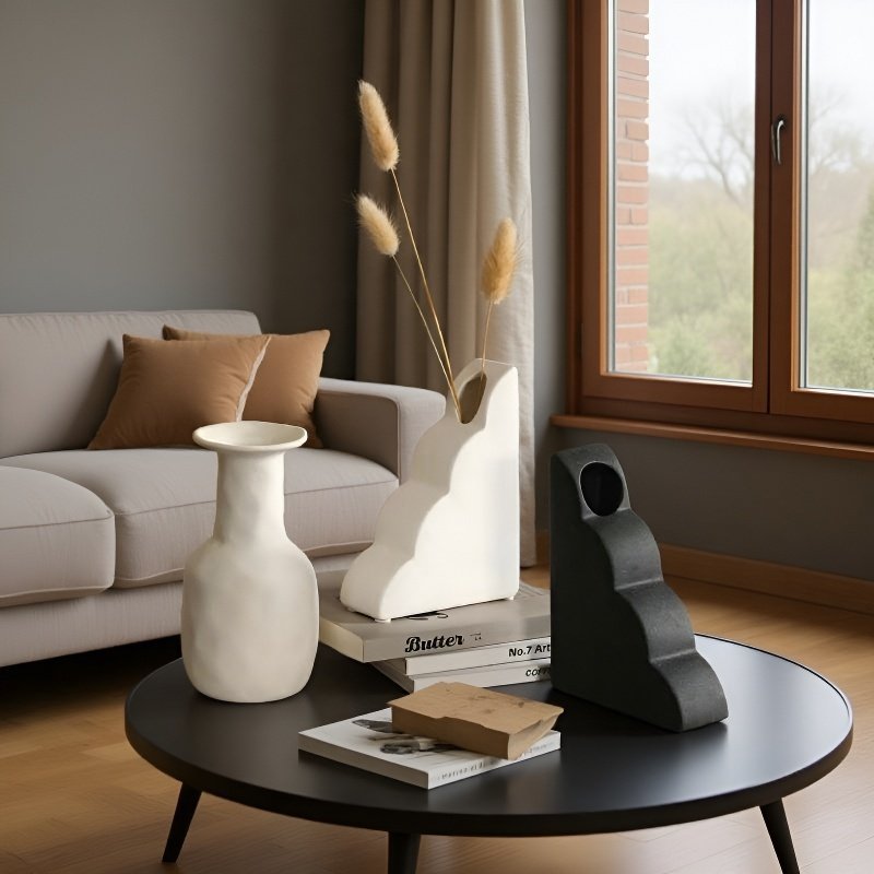 Stylová keramická váza v minimalistickém obývacím pokoji