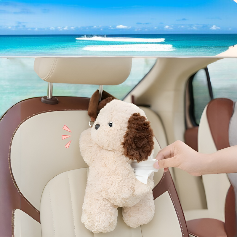 자동차 시트 등받이에 걸린 귀여운 강아지 티슈 케이스