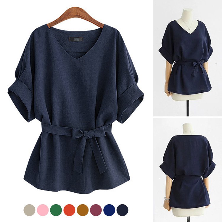 リボンベルト付きブラウス