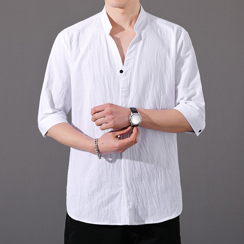 남성 7 부 소매 린넨 셔츠 