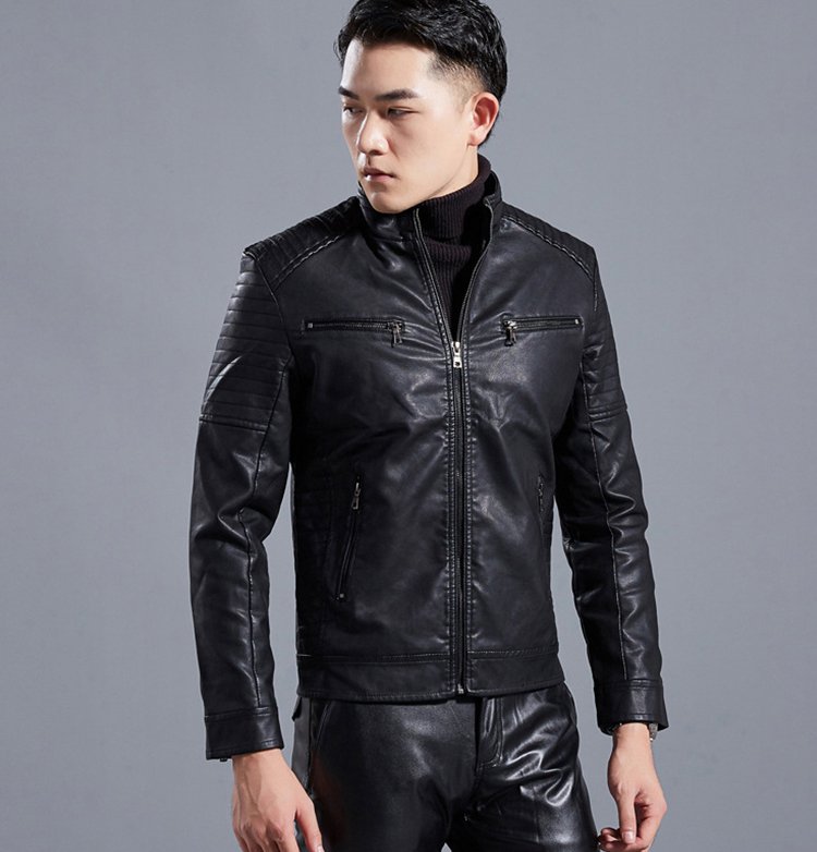 Stand-up collar men's biker leather jacket