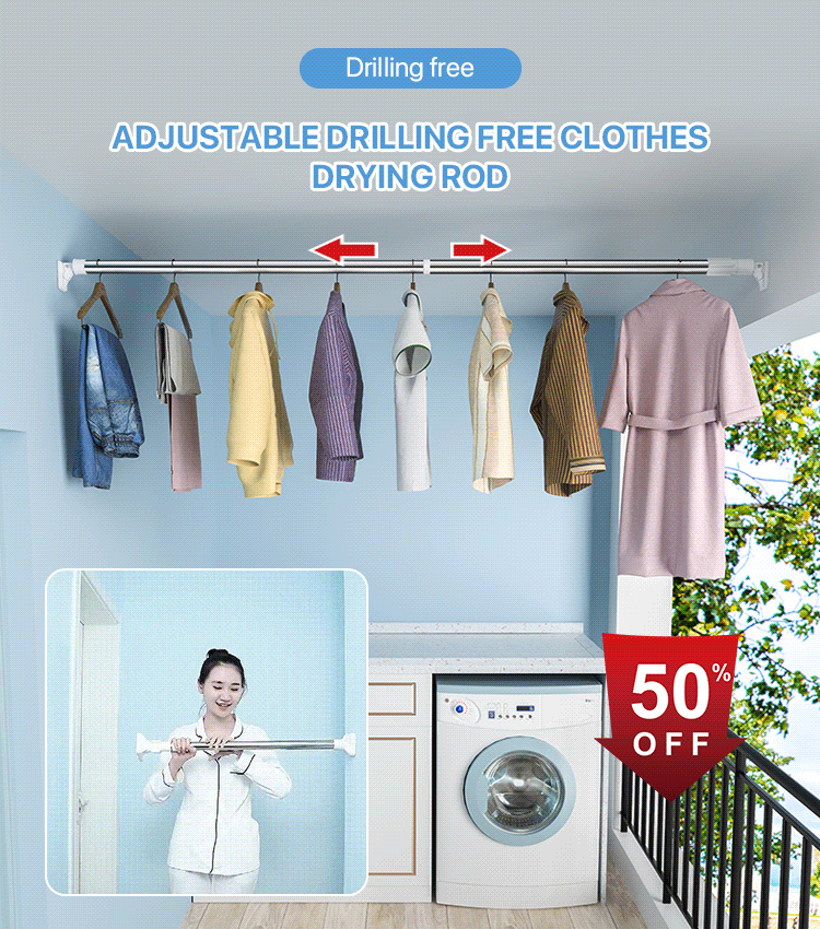 Adjustable drilling free clothes drying rod