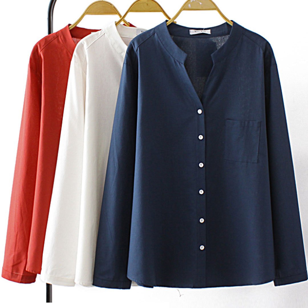 เสื้อเชิ้ตทรงหลวมผ้าฝ้ายลินินแฮนด์เมดสไตล์ญี่ปุ่น