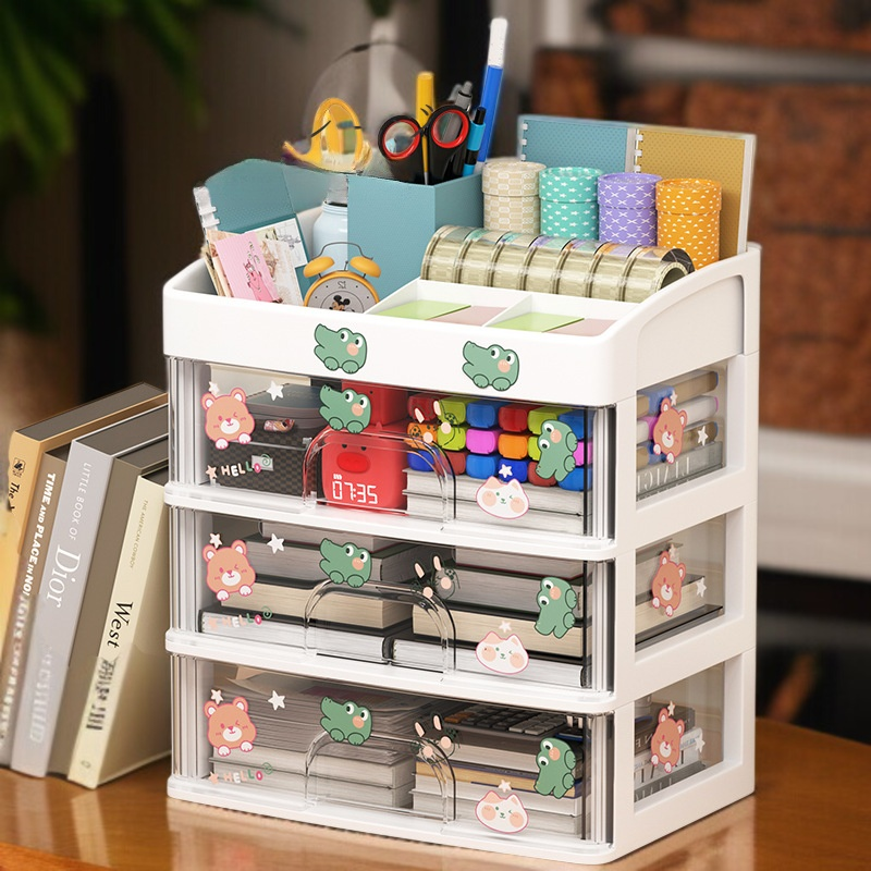 オフィスデスクに置いた収納ボックスの使用例