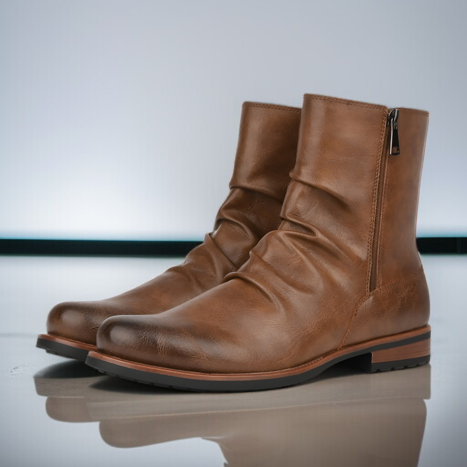 大きなプリーツ短筒ブーツ 両側ジッパー 無地カジュアル万能メンズブーツ