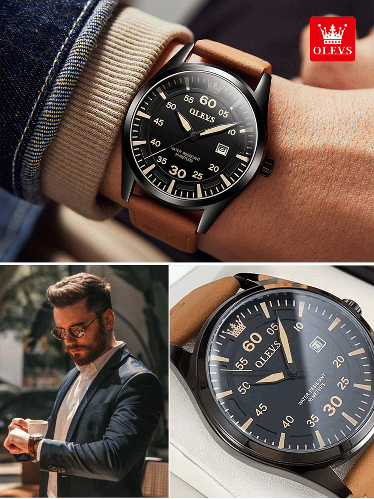 ساعة تقويم رجالية بستايل كاجوال وبسيط مع حزام جلدي