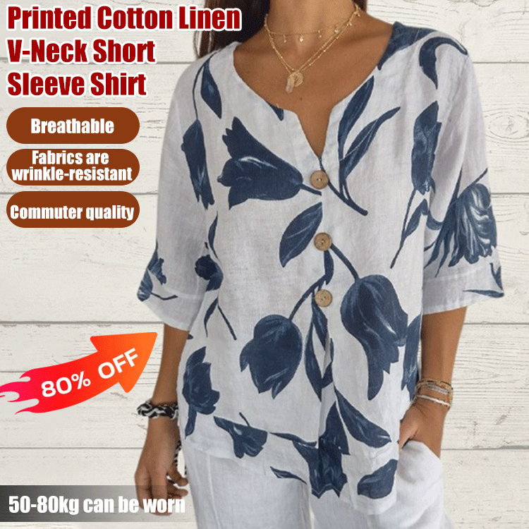 Printed cotton and linen V-neck short sleeved pullover shirt
