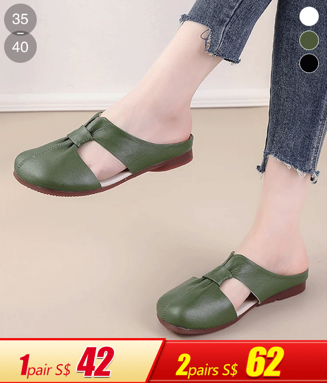 Soft leather soft sole square-toe bow-knot slippers