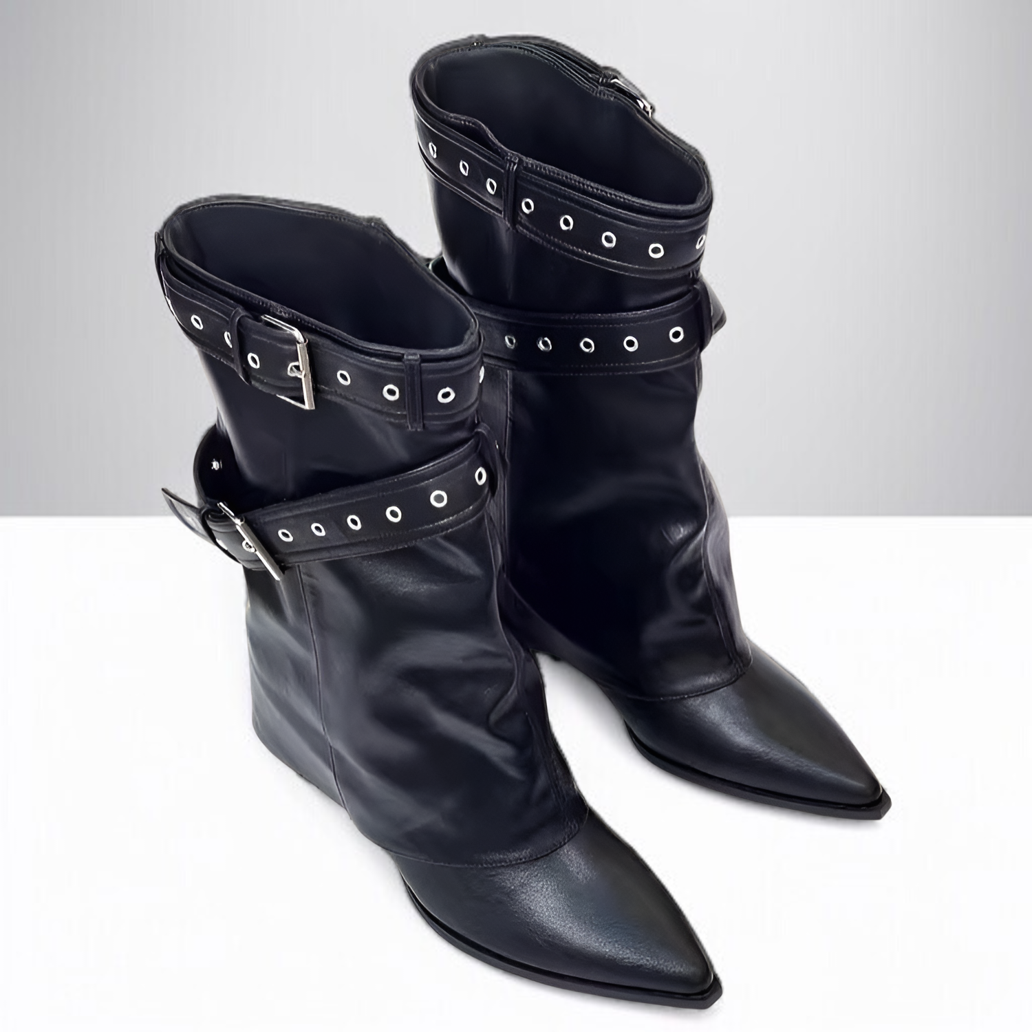 膝下ウエスタンブーツ ベルト付きショートブーツ レディース