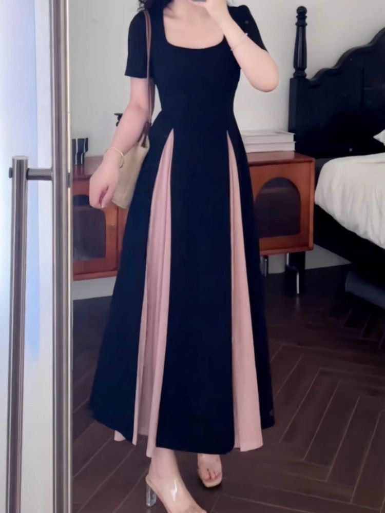 프렌치 스타일 허리 잡은 패치워크 원피스