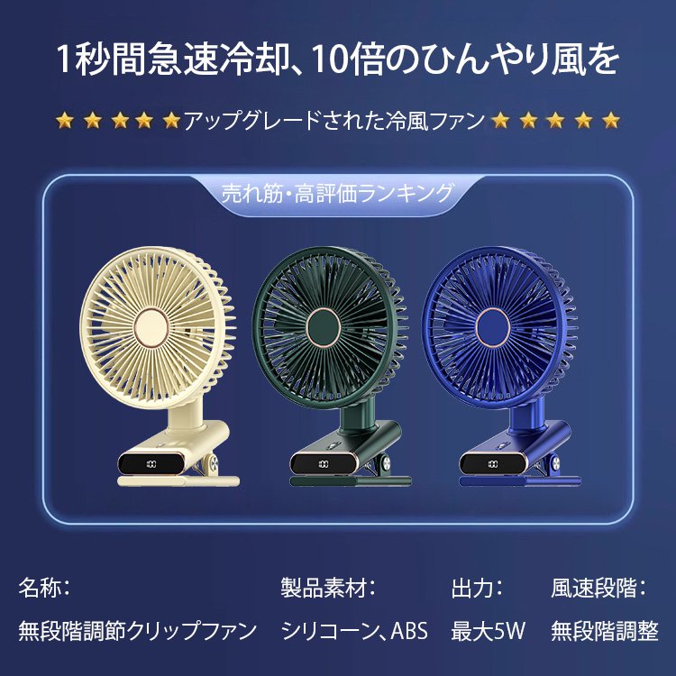 ライト付き風速無段階調整のクリップファン