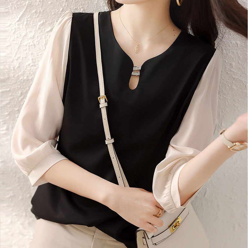 여성 쉬폰 배색 블라우스 