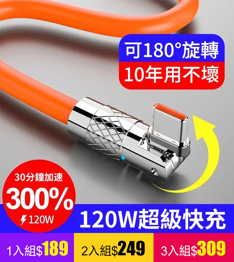 【可180°旋轉 10年用不壞】180°可旋轉快充數據線